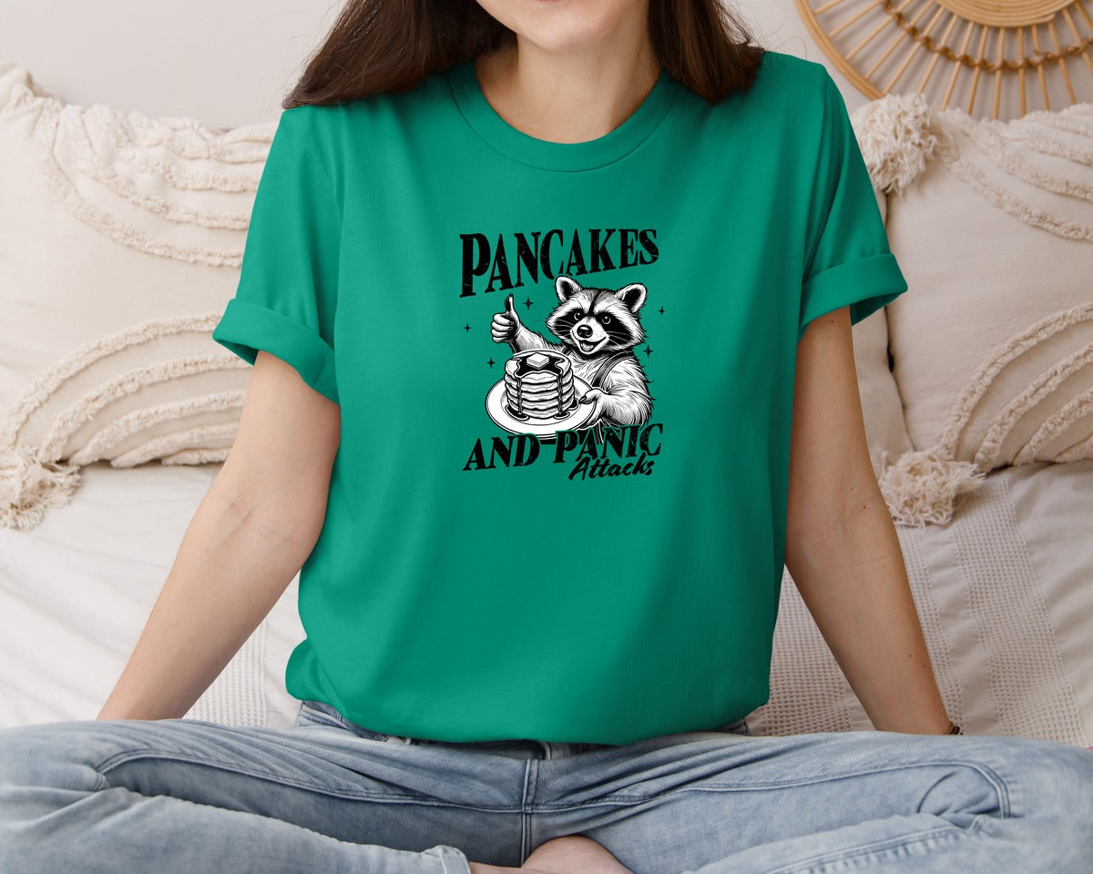 brand:Bella Canvas|color:Kelly|Mental Health Raccoon Pancakes And Panic Graphic T-Shirt
