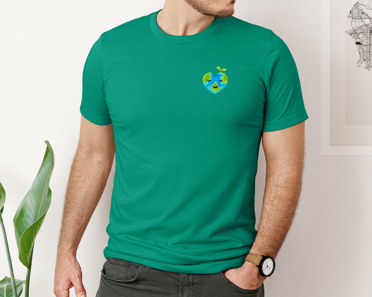 brand:Bella Canvas|color:Kelly|Love Heart Earth Globe Pocket Design Graphic T-Shirt