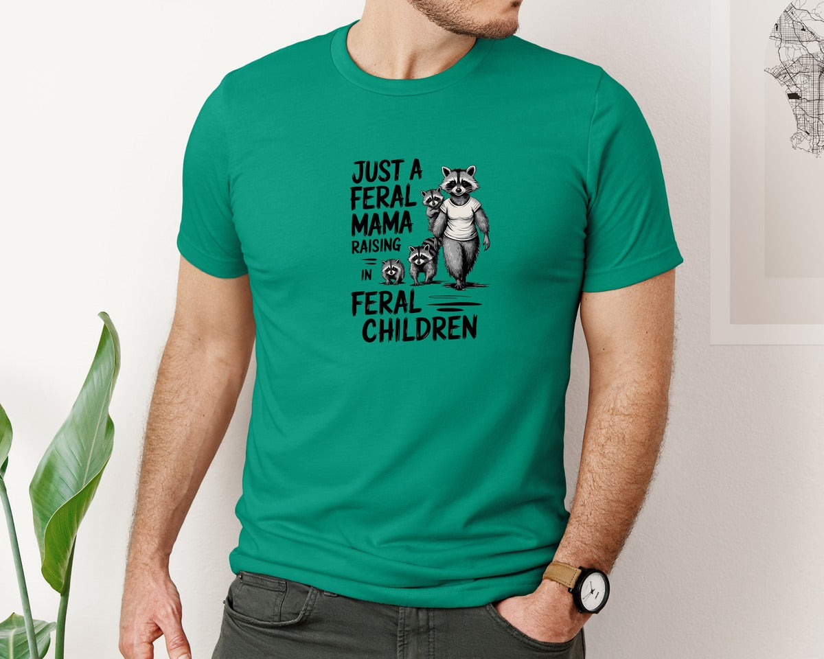 brand:Bella Canvas|color:Kelly|Funny Mothers Day Raccoon Mama Tired Graphic T-Shirt
