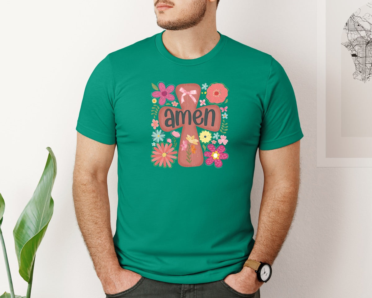 brand:Bella Canvas|color:Kelly|Boho Floral Amen Christian Graphic T-Shirt