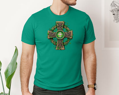 brand:Bella Canvas|color:Kelly|Celtic Cross With Shamrocks Irish Graphic T-Shirt