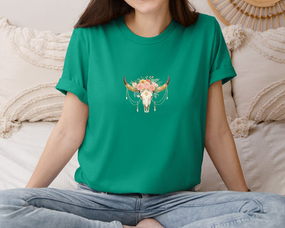 brand:Bella Canvas|color:Kelly|Rose Flowers Western Bull Skull Longhorn 5 Graphic T-Shirt