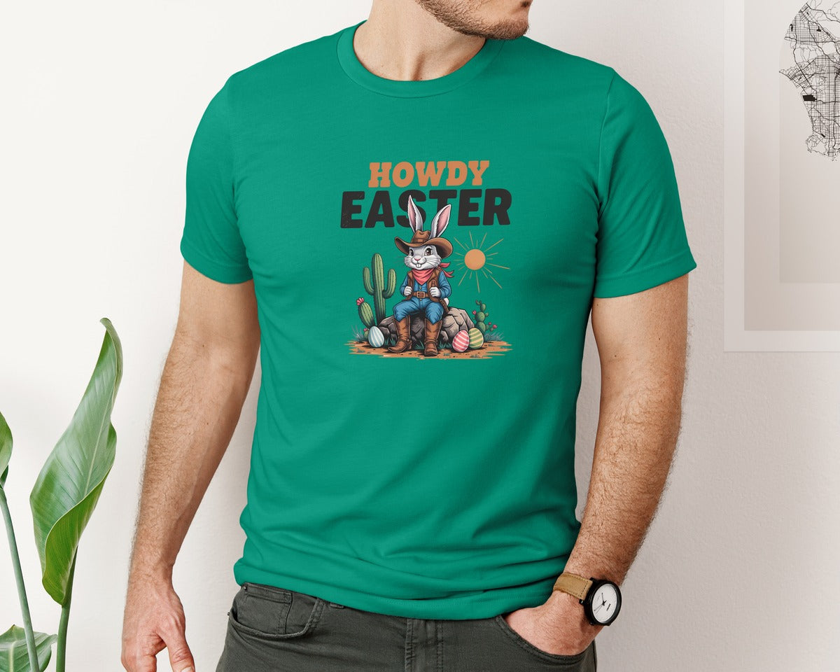 brand:Bella Canvas|color:Kelly|Howdy Easter Western Cowboy Bunny 2 Graphic T-Shirt