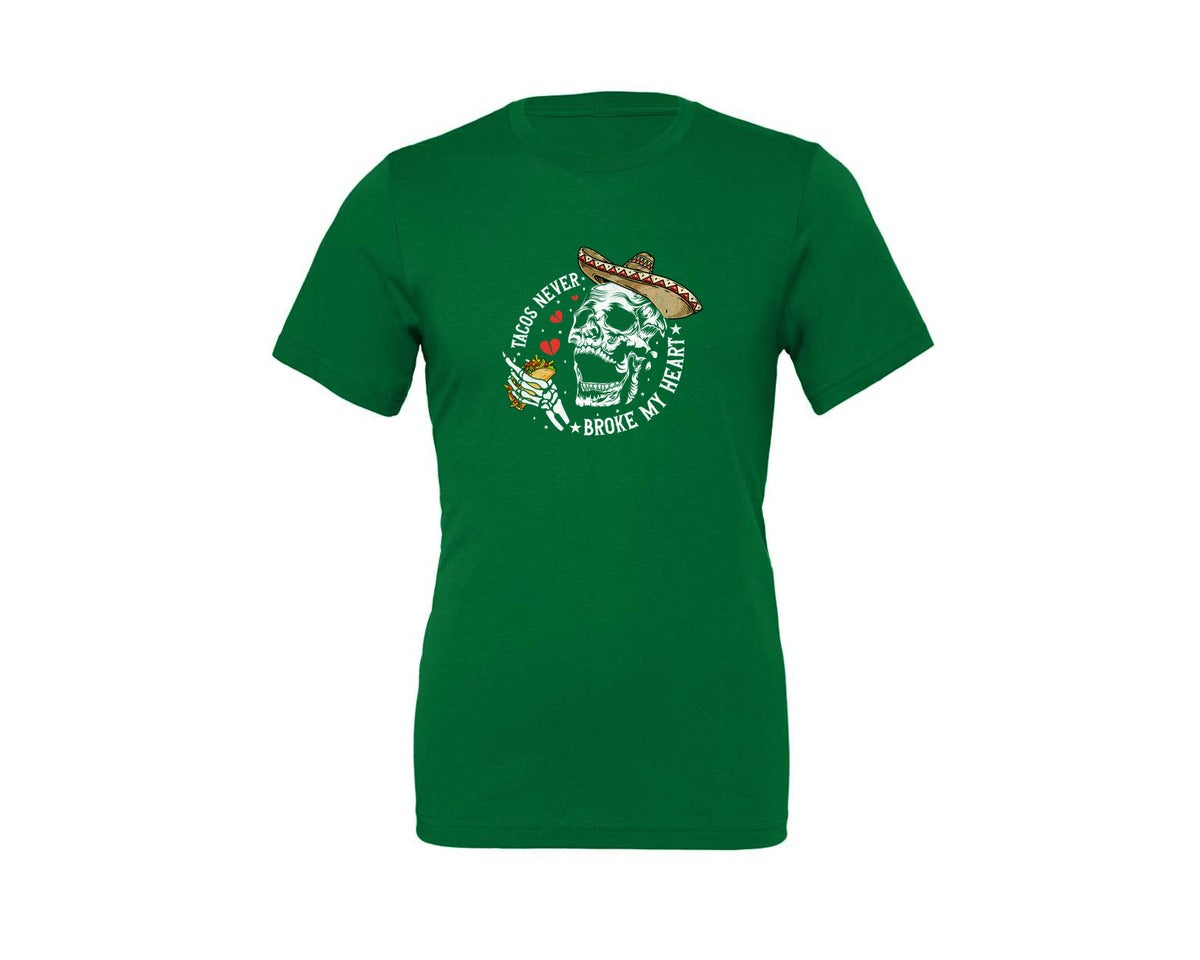 brand:Generic|color:Kelly|Tacos Never Broke My Heart Skeleton Graphic T-Shirt