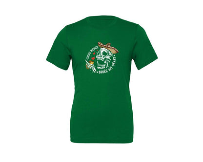brand:Generic|color:Kelly|Tacos Never Broke My Heart Skeleton Graphic T-Shirt