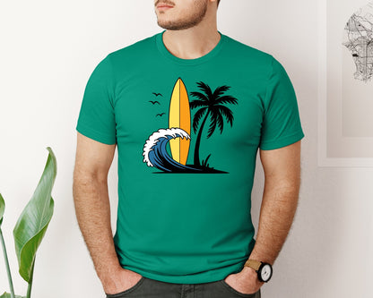 brand:Bella Canvas|color:Kelly|Surfboard With Ocean Wave And Palm Tree Graphic T-Shirt