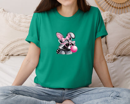 brand:Bella Canvas|color:Kelly|Cute Raccoon With Glasses Bubble Gum 6 Graphic T-Shirt