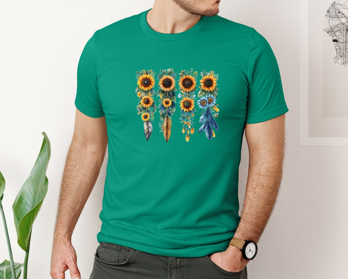 brand:Bella Canvas|color:Kelly|Boho Wildflowers Feathers Flowers Graphic T-Shirt