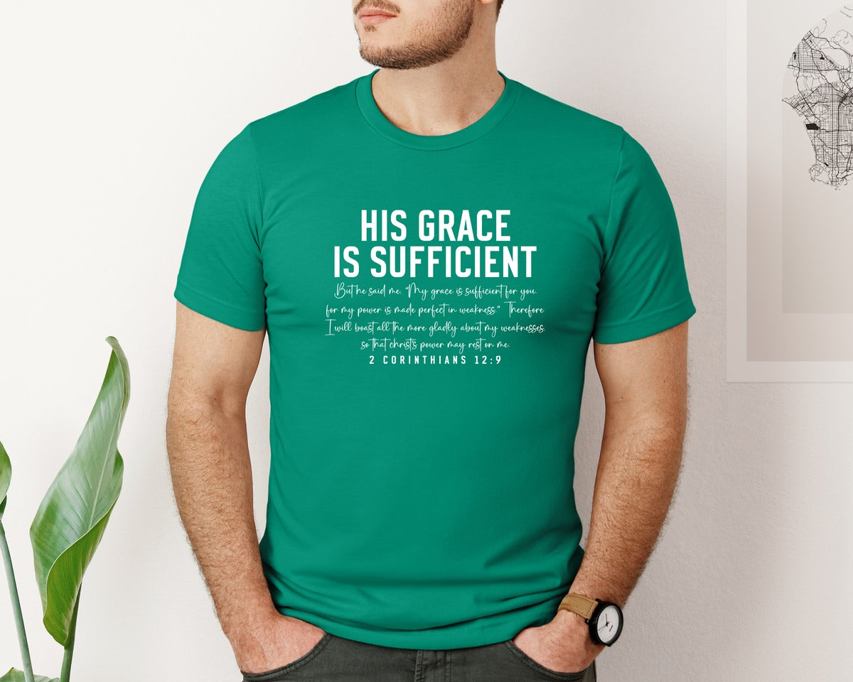 brand:Bella Canvas|color:Kelly|His Grace Is Sufficient 2 Corinthian Graphic T-Shirt