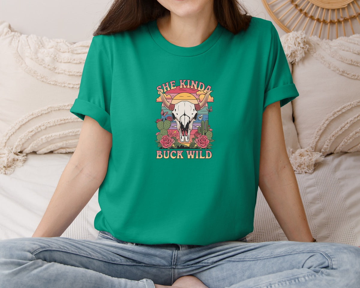 brand:Bella Canvas|color:Kelly|She Kinda Buck Wild Western Aesthetic 3 Graphic T-Shirt