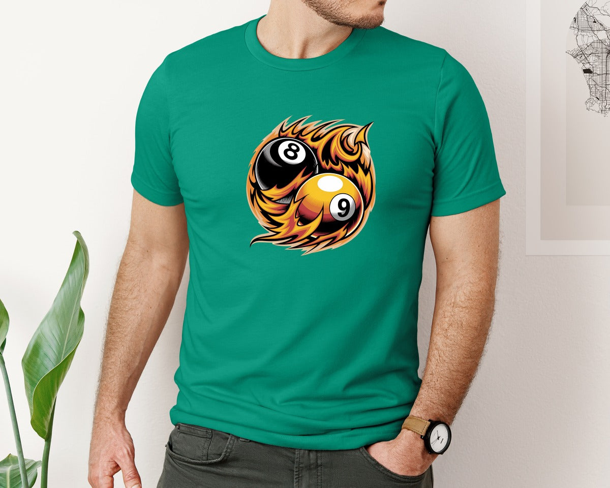 brand:Bella Canvas|color:Kelly|Flaming 8 9 Ball Billiards Graphic T-Shirt