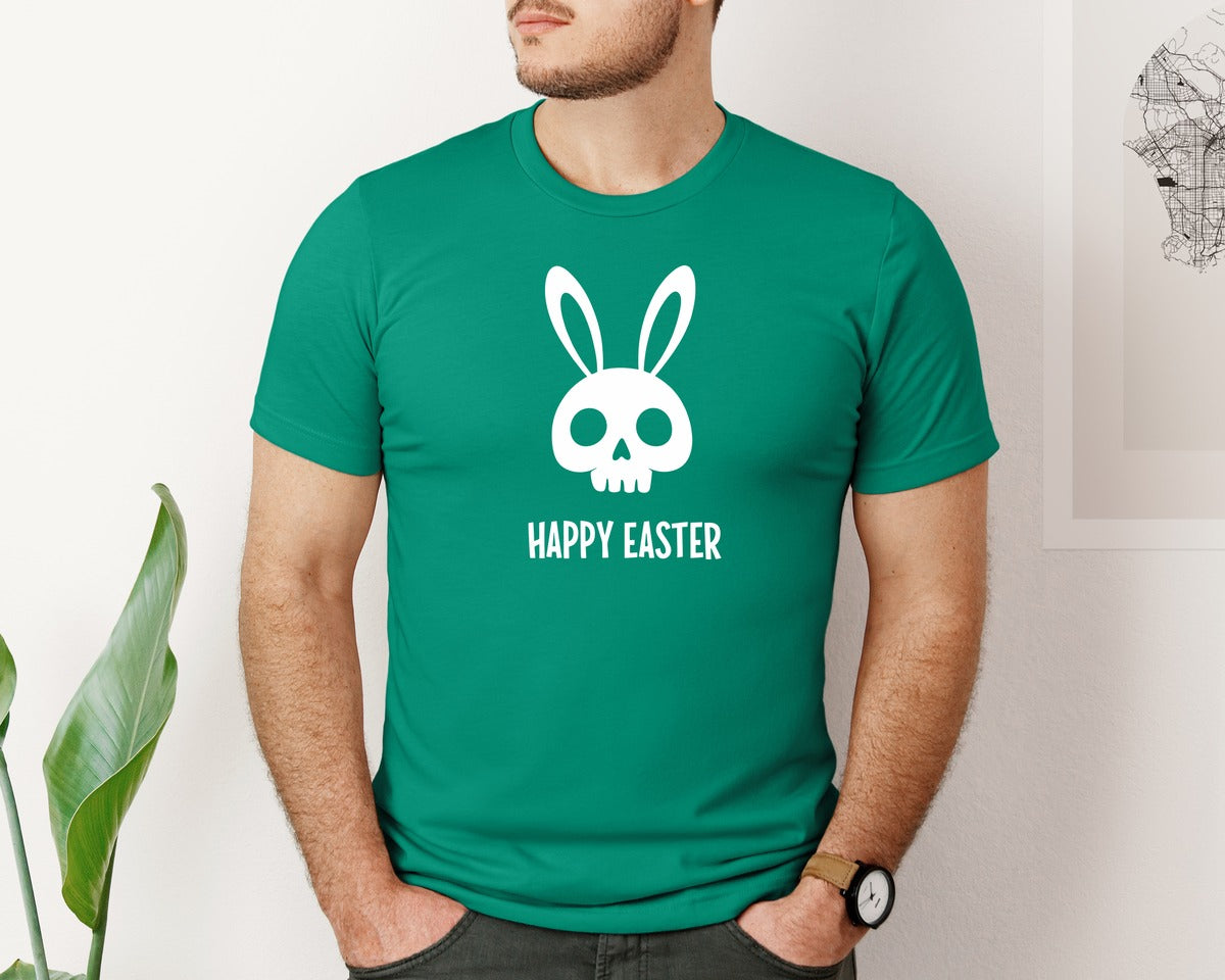brand:Bella Canvas|color:Kelly|Gothic Creepy Easter Bunny Skull Irony Graphic T-Shirt