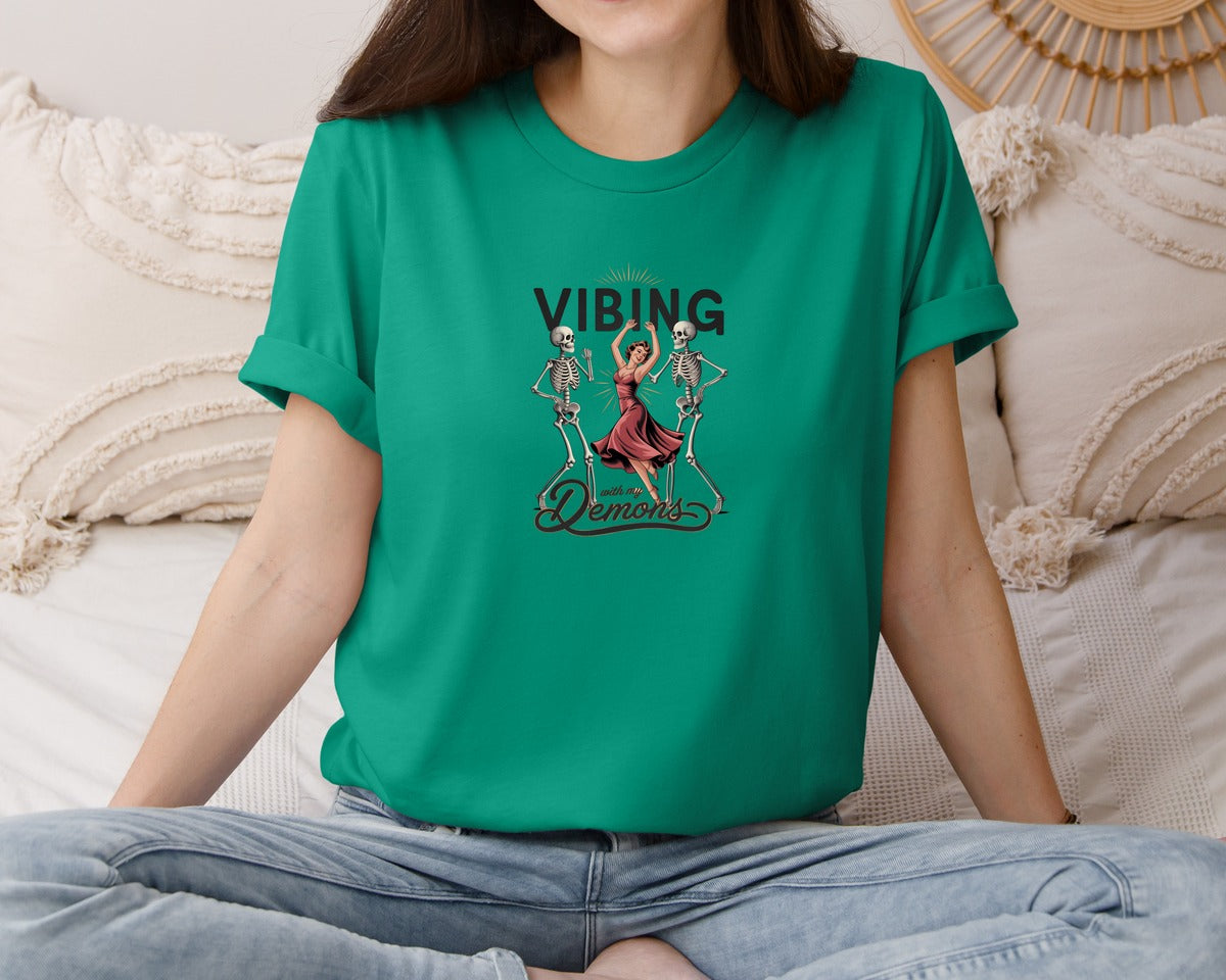 brand:Bella Canvas|color:Kelly|Vibing With My Demons Retro Gothic 2 Graphic T-Shirt