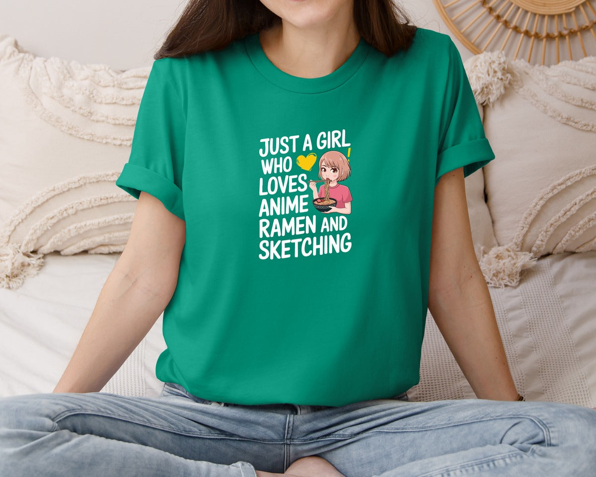 brand:Bella Canvas|color:Kelly|Just A Girl Who Loves Anime Ramen And 2 Graphic T-Shirt
