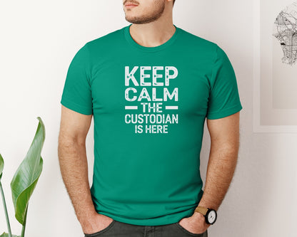 brand:Bella Canvas|color:Kelly|Keep Calm Custodian Here Graphic T-Shirt