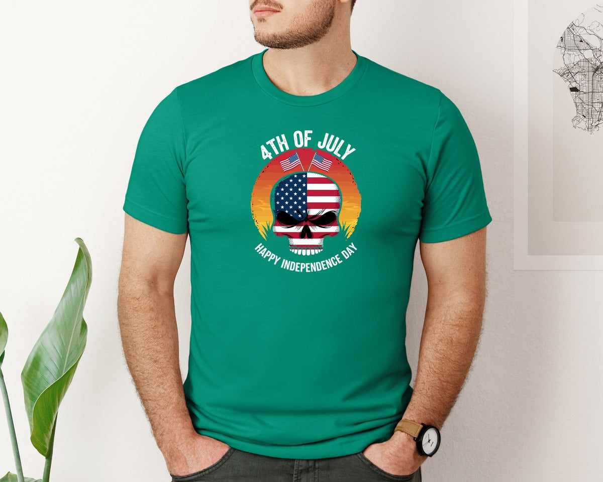 brand:Bella Canvas|color:Kelly|4Th Of July American Skull Sunset Indepe Graphic T-Shirt