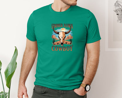 brand:Bella Canvas|color:Kelly|Simmer Down Cowboy Western Skull 5 Graphic T-Shirt