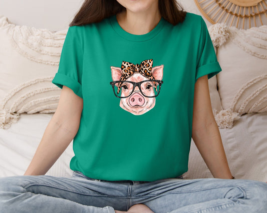 Watercolor Pig With Glasses And Leopard Graphic T-Shirt