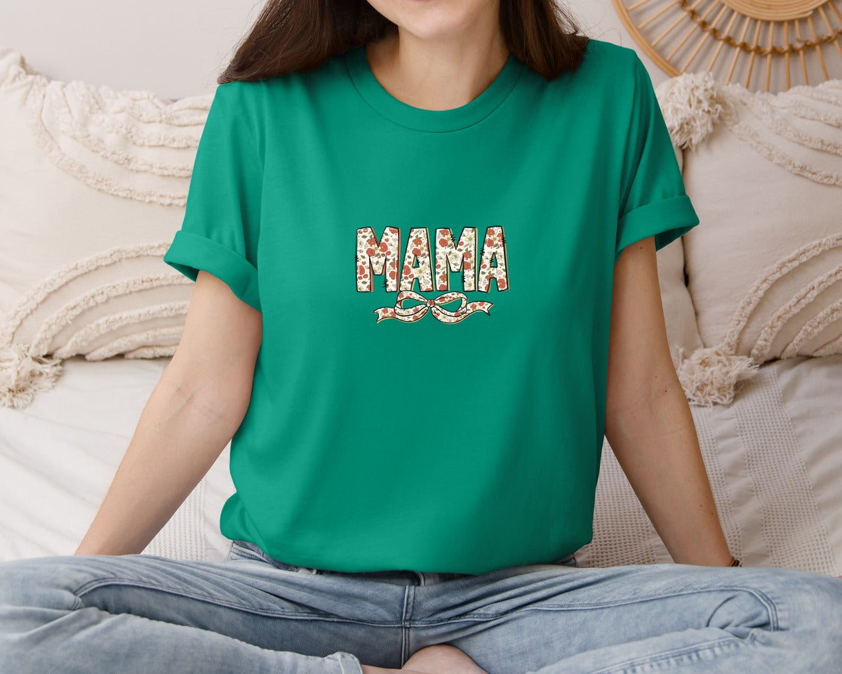 brand:Bella Canvas|color:Kelly|Mama Boho Flower Spring Coquette Bow Graphic T-Shirt
