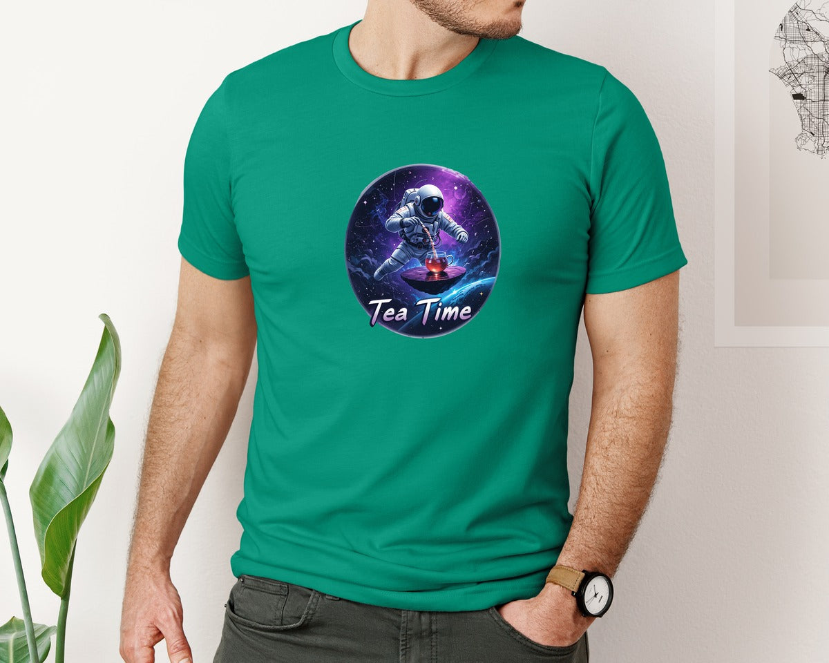 brand:Bella Canvas|color:Kelly|Astronaut Tea Time In Space T Shirt Graphic T-Shirt