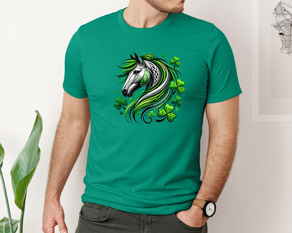 brand:Bella Canvas|color:Kelly|St Patricks Day Horse Lucky Graphic T-Shirt