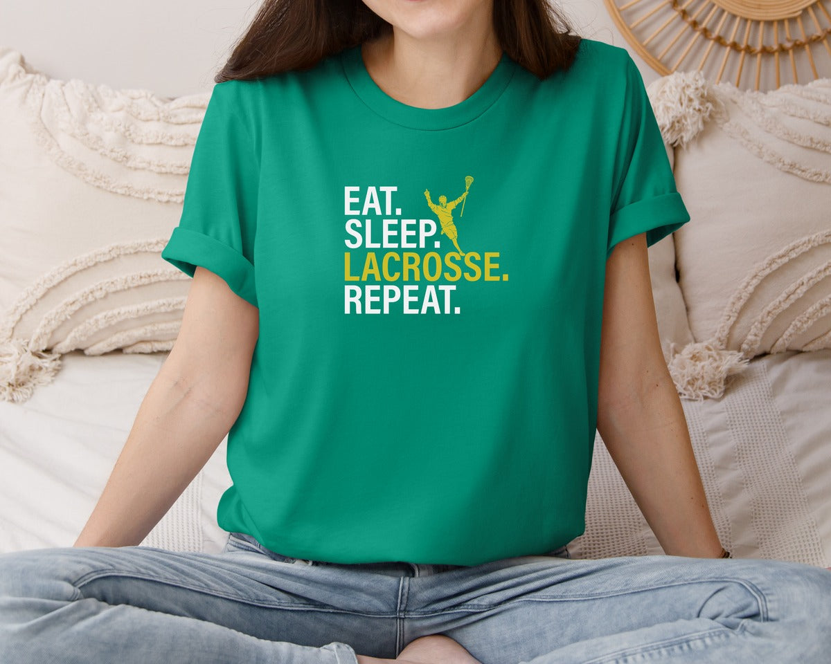 brand:Bella Canvas|color:Kelly|Eat Sleep Lacrosse Repeat Sports Team Graphic T-Shirt
