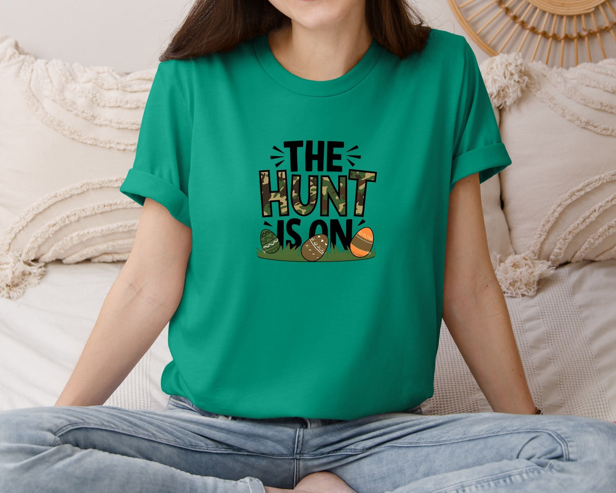 brand:Bella Canvas|color:Kelly|The Hunt Is On Camo Easter Egg Camo Graphic T-Shirt