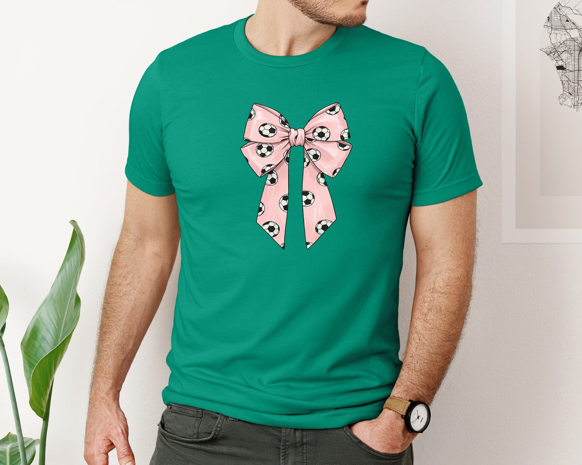 brand:Bella Canvas|color:Kelly|Soccer Pattern Coquette Bow Graphic T-Shirt