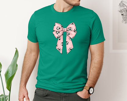 brand:Bella Canvas|color:Kelly|Soccer Pattern Coquette Bow Graphic T-Shirt
