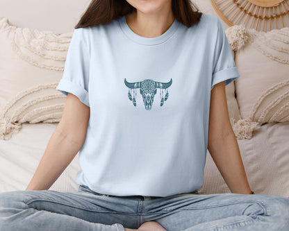 brand:Bella Canvas|color:Light Blue|Western Bull Skull Aztec Boho Longhorn Graphic T-Shirt