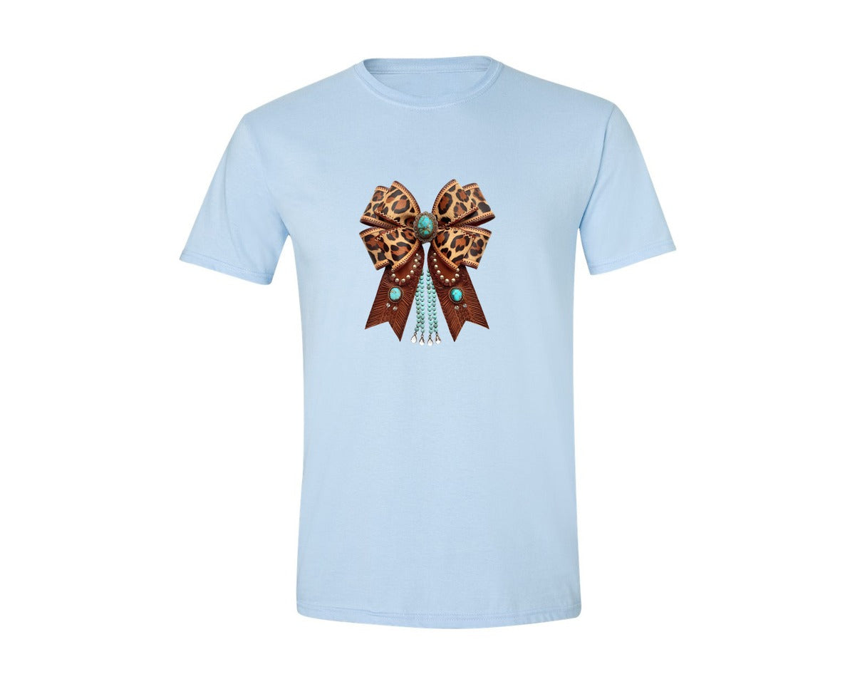 brand:Generic|color:Light Blue|Western Leopard Bow Bohemian Coquette Graphic T-Shirt