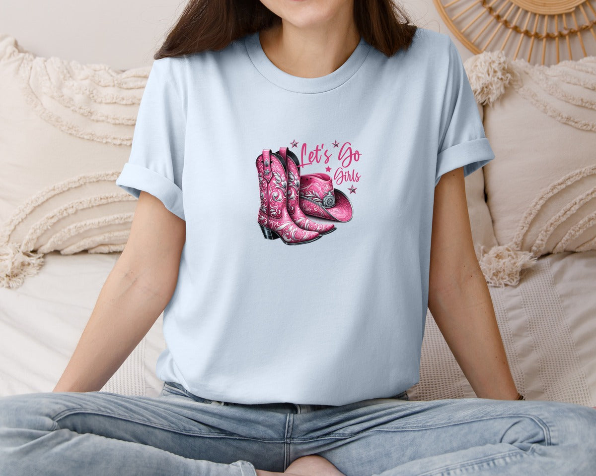 brand:Bella Canvas|color:Light Blue|Lets Go Girls Cowgirl Boots 2 Graphic T-Shirt