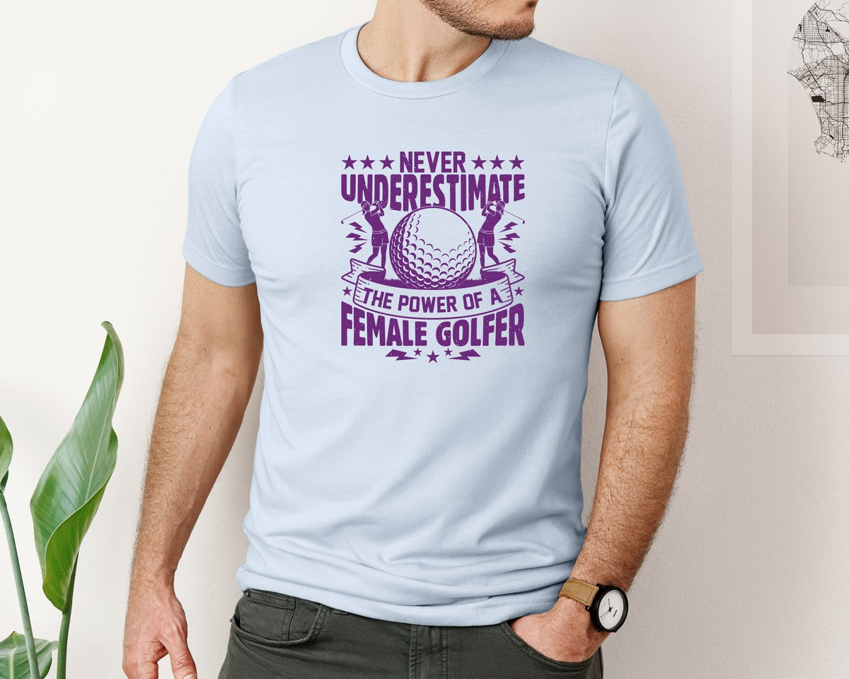 brand:Bella Canvas|color:Light Blue|Female Golfer Golf Club T Shirt Design Graphic T-Shirt