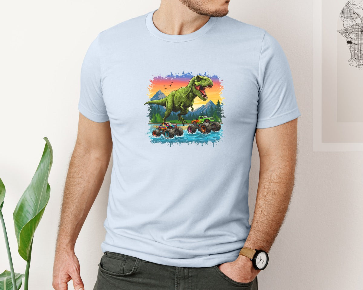 brand:Bella Canvas|color:Light Blue|Dinosaur Monster Truck T Rex Graphic T-Shirt