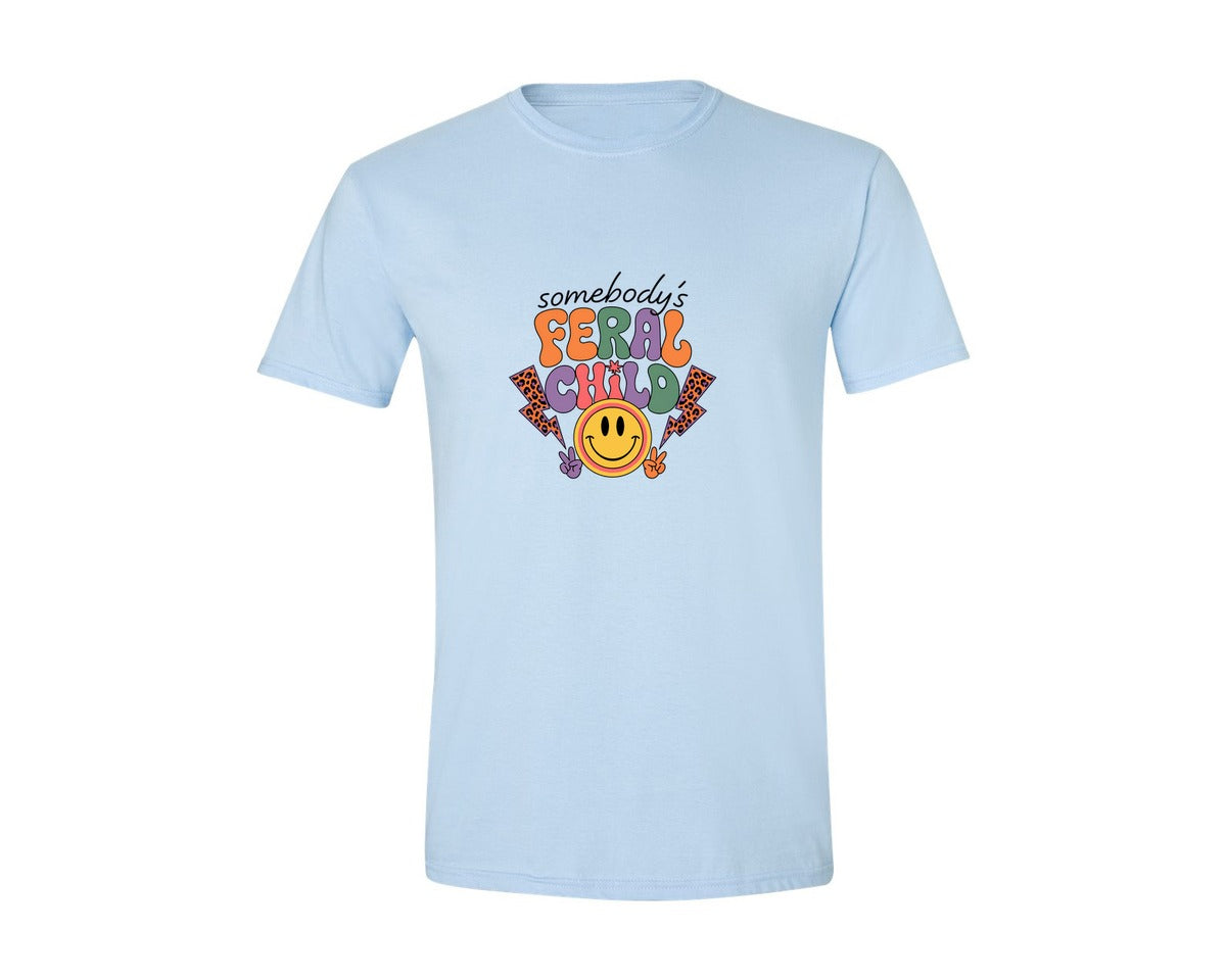 brand:Generic|color:Light Blue|Somebodys Feral Child Funny Summer Graphic T-Shirt