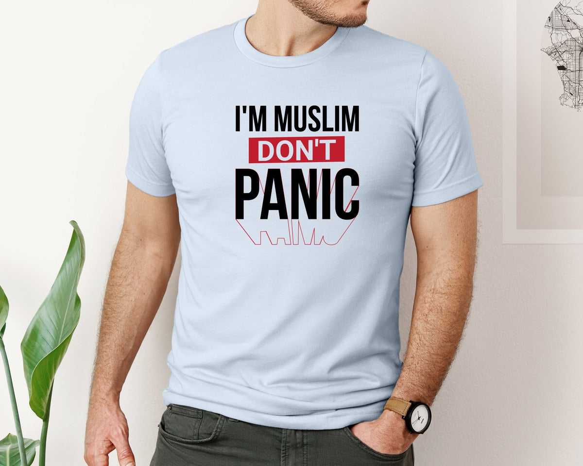 brand:Bella Canvas|color:Light Blue|Im Muslim Dont Panic Muslim Quote Is Graphic T-Shirt