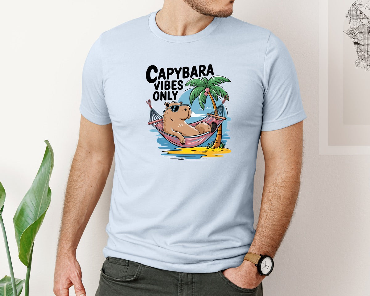 brand:Bella Canvas|color:Light Blue|Capybara Vibes Only Summer T Shirt Print Graphic T-Shirt