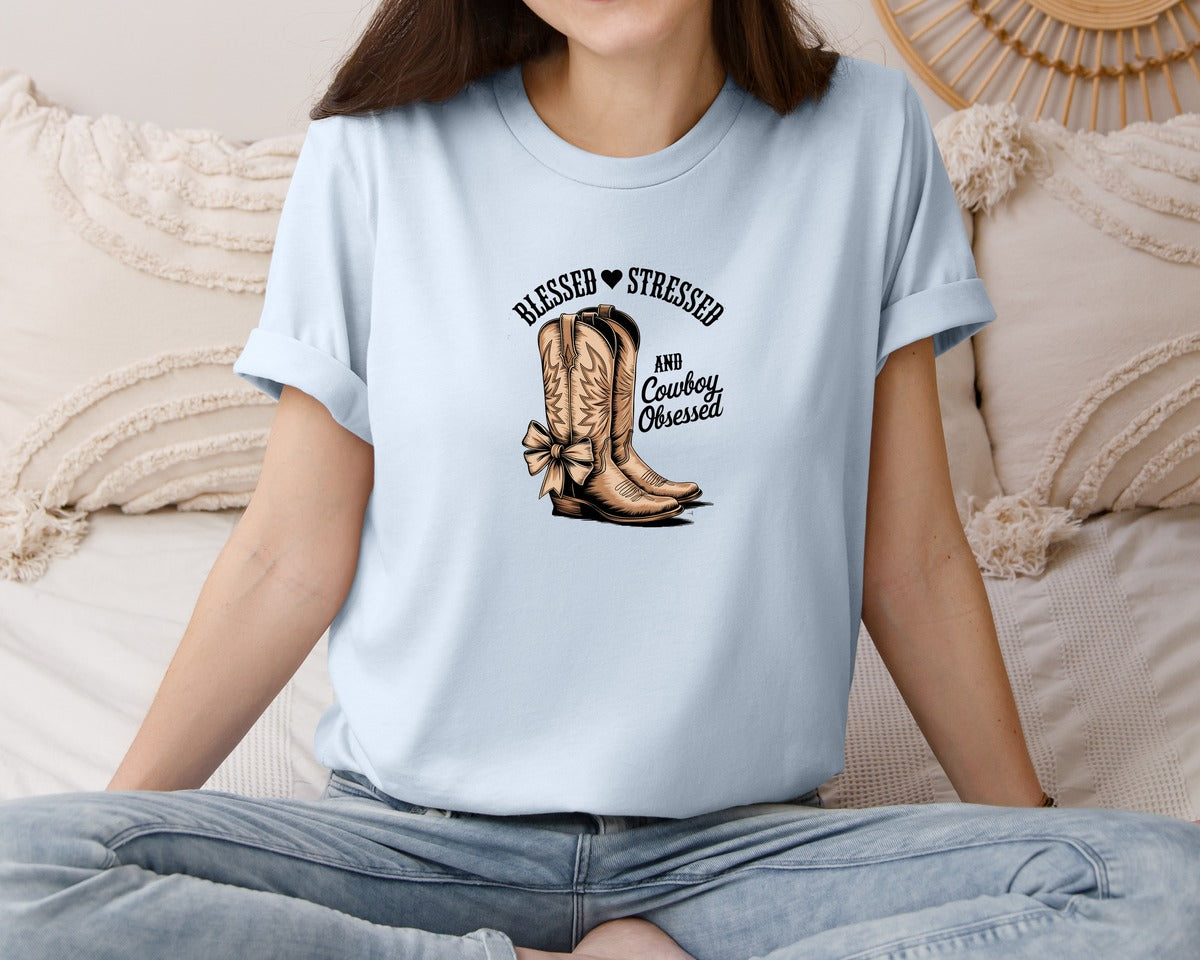 brand:Bella Canvas|color:Light Blue|Blessed Stressed Mom Western Mothers Day 2 Graphic T-Shirt