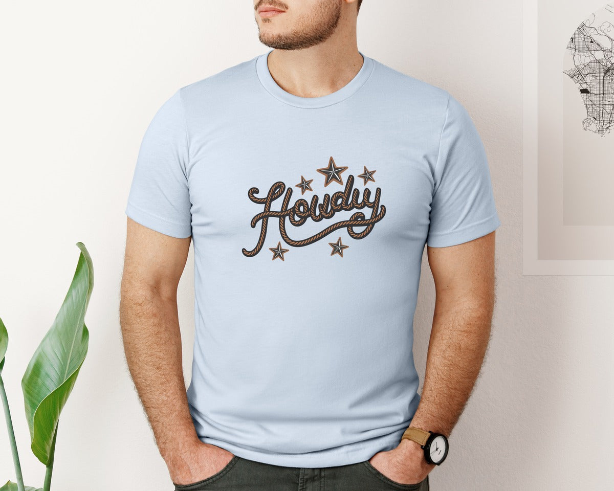 brand:Bella Canvas|color:Light Blue|Howdy Western Cowboy Rope Graphic T-Shirt