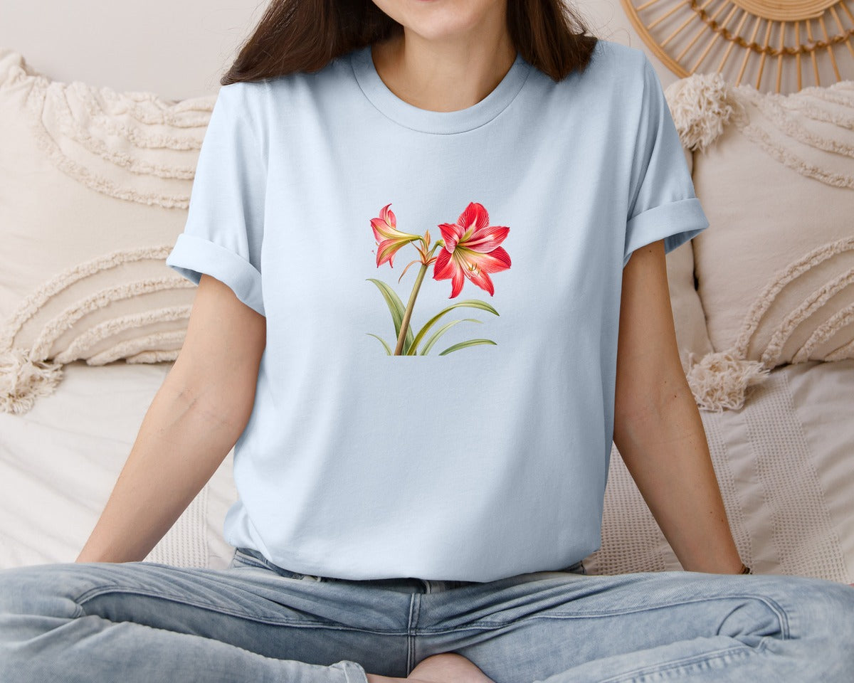 brand:Bella Canvas|color:Light Blue|Red Amaryllis Flower T Shirt Design Graphic T-Shirt