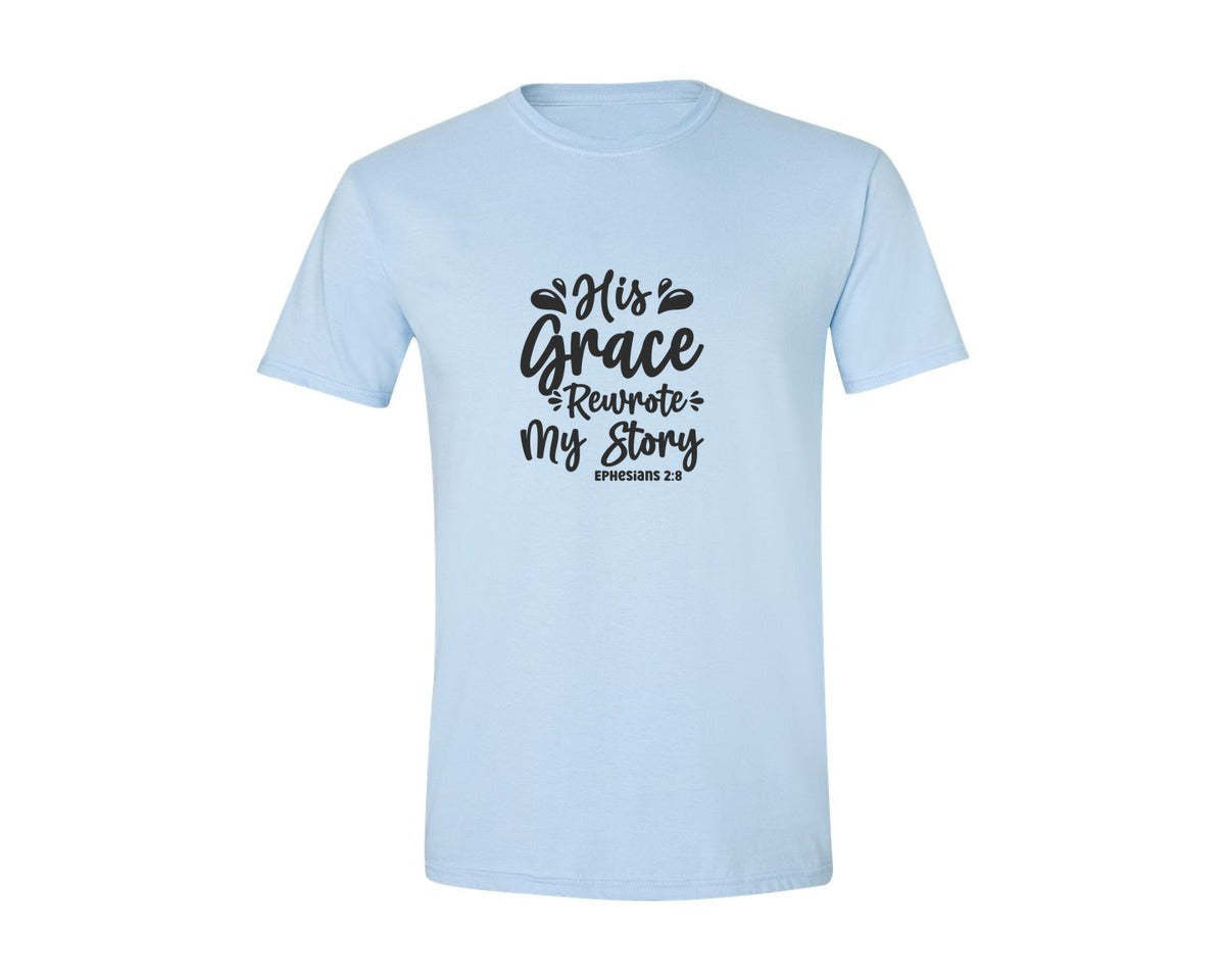 brand:Generic|color:Light Blue|His Grace Rewrites My Story Graphic T-Shirt