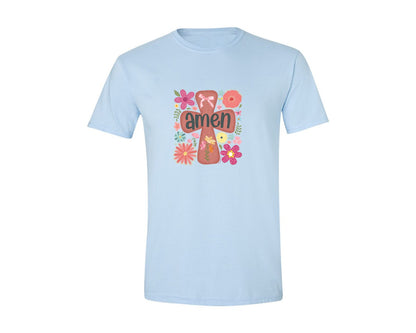 brand:Generic|color:Light Blue|Boho Floral Amen Christian Graphic T-Shirt
