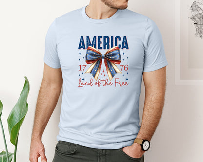 brand:Bella Canvas|color:Light Blue|America Bow Land Of The Free Graphic T-Shirt