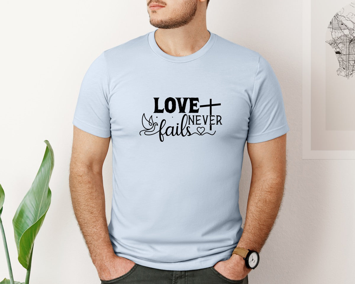 brand:Bella Canvas|color:Light Blue|Love Never Fails Sleeve Svgbible Quotes Graphic T-Shirt