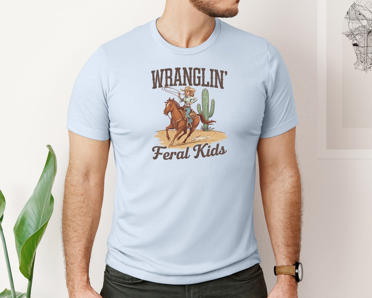brand:Bella Canvas|color:Light Blue|Wranglin Feral Kids Western Mothers Day 3 Graphic T-Shirt