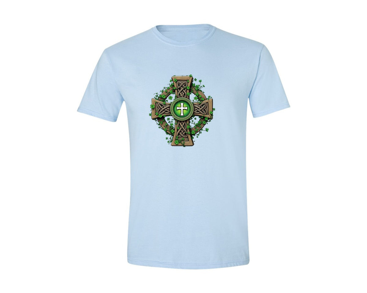 brand:Generic|color:Light Blue|Celtic Cross With Shamrocks Irish Graphic T-Shirt