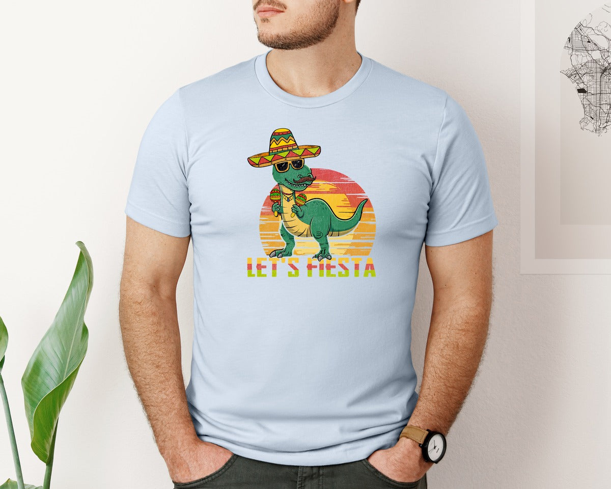 brand:Bella Canvas|color:Light Blue|Lets Fiesta Dinosaur Cinco De Mayo Graphic T-Shirt