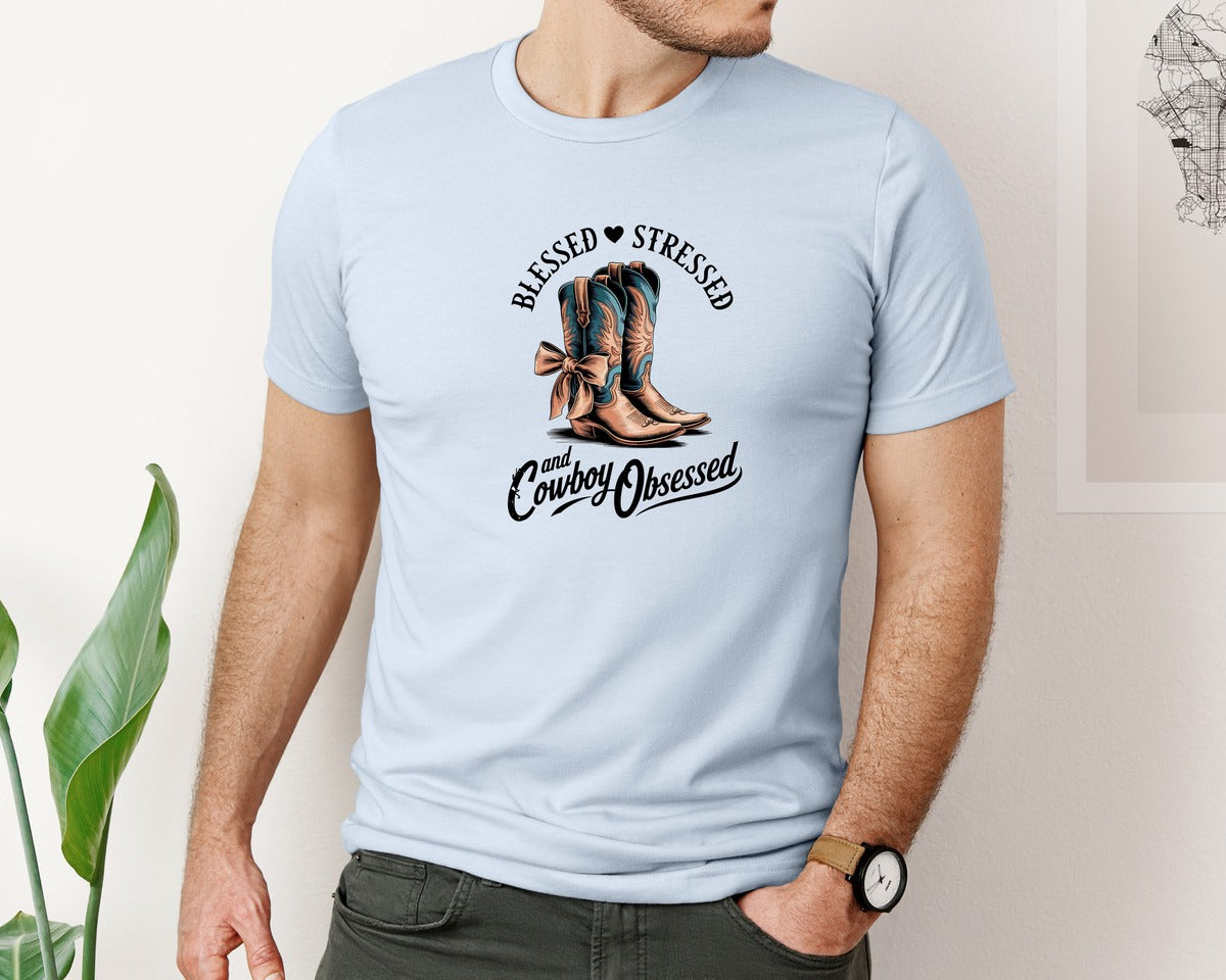 brand:Bella Canvas|color:Light Blue|Blessed Stressed Mom Western Mothers Day 3 Graphic T-Shirt