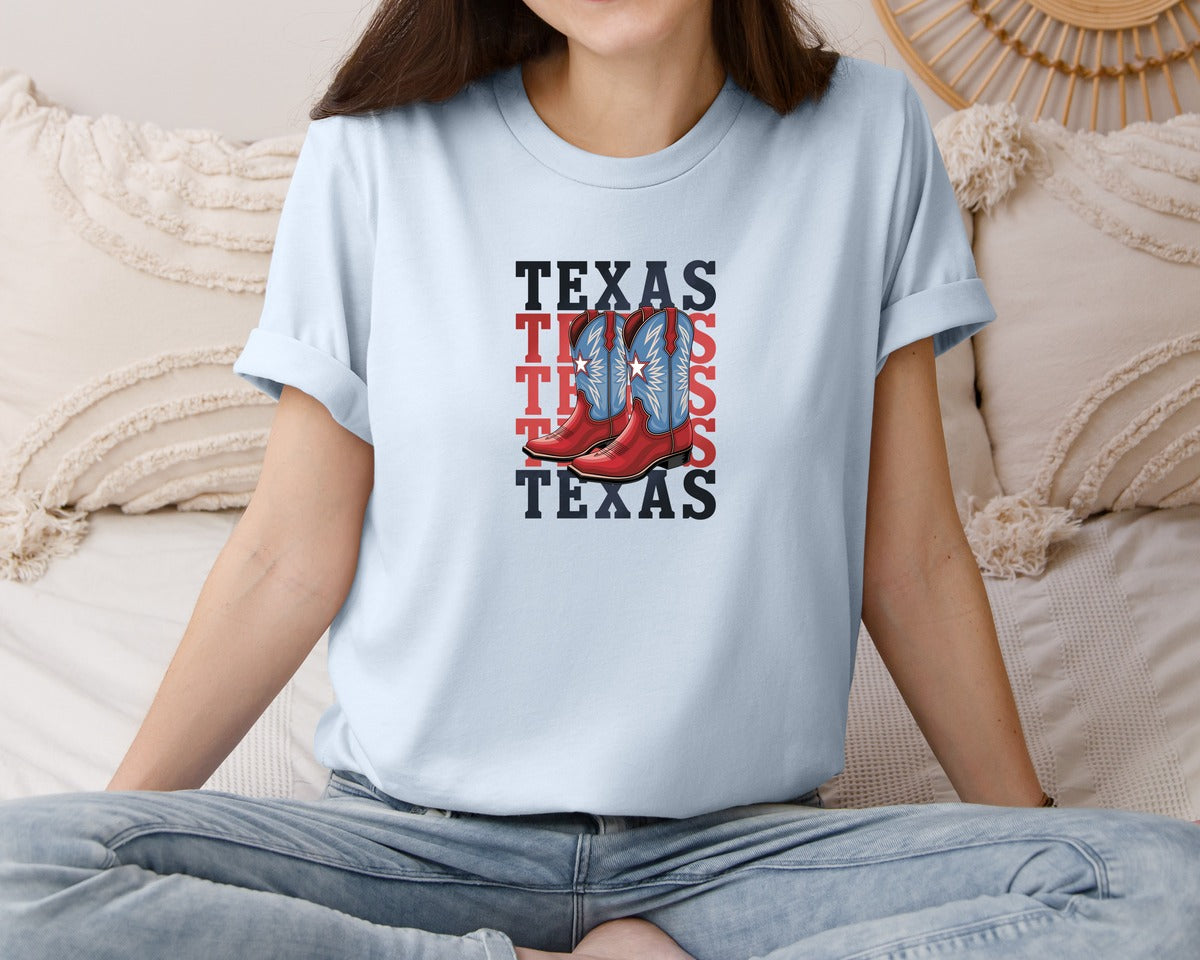 brand:Bella Canvas|color:Light Blue|Texas Cowboy Boots Western Rodeo 4 Graphic T-Shirt
