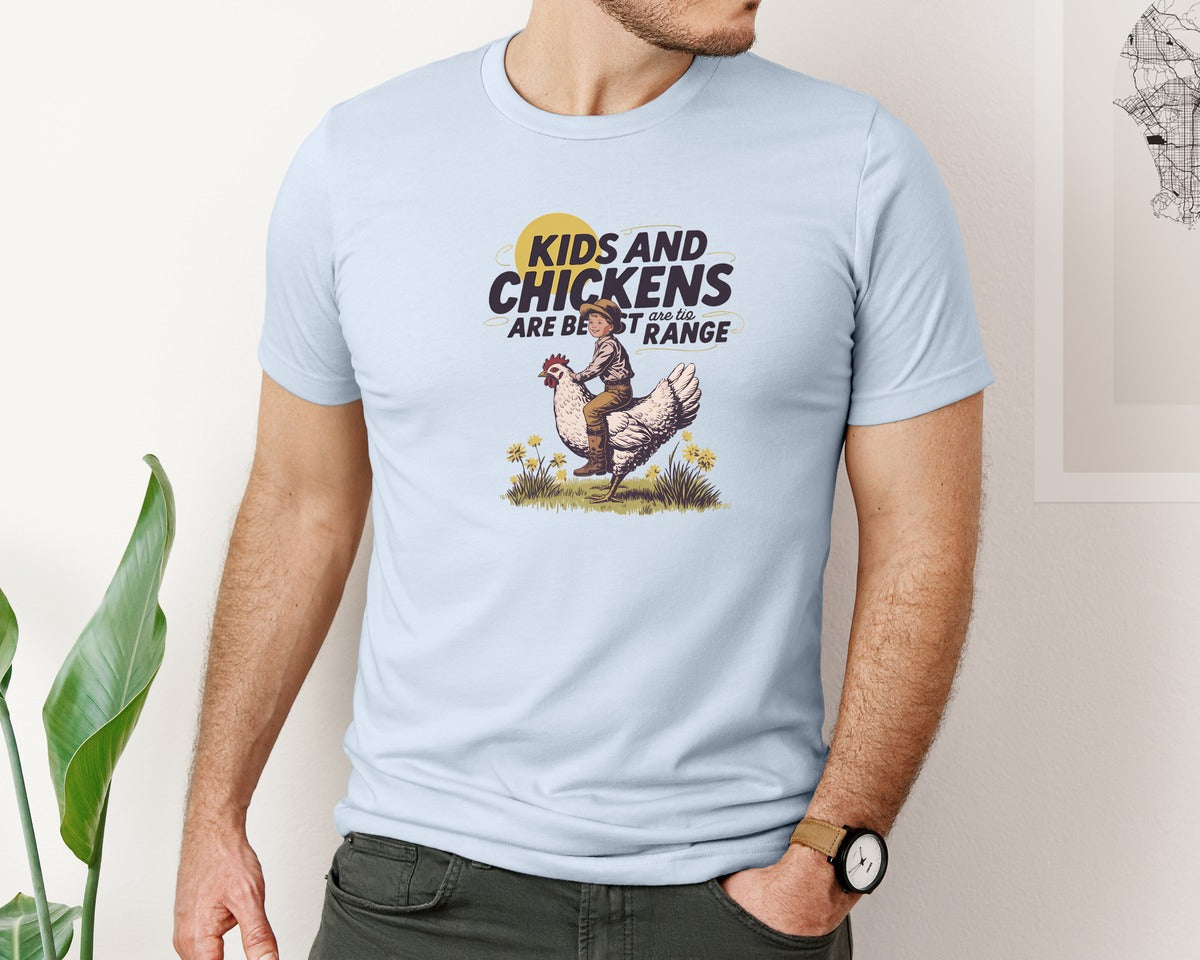 brand:Bella Canvas|color:Light Blue|Kids And Chickens Vintage Farm Graphic T-Shirt